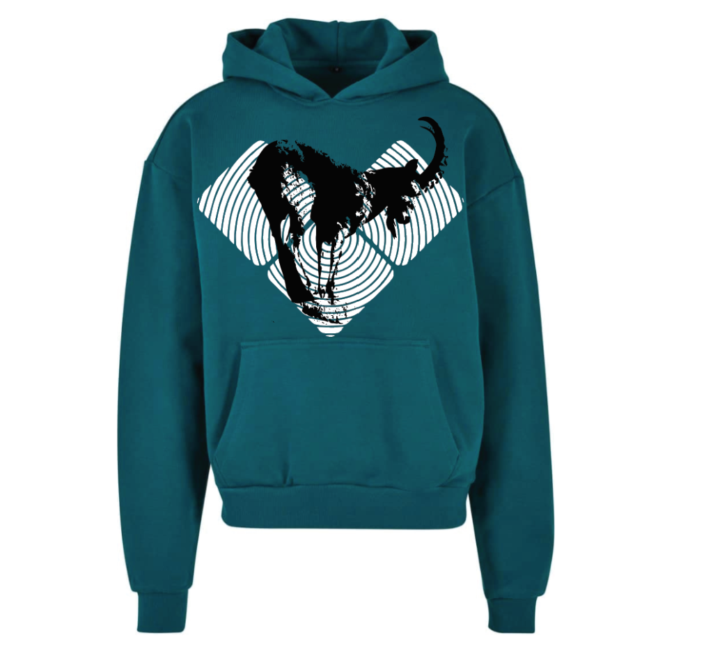 Handcrafted Screenprint on Retro Green Hoodie.